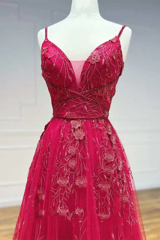 A-Line Floral Lace V-Neck Lace-Up Prom Dress